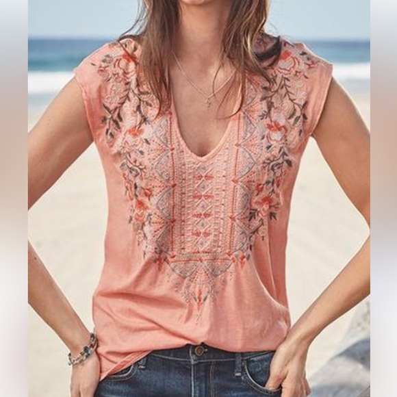 Johnny Was Calida Coral Embroidered Cap Sleeve Top - Picture 8 of 8